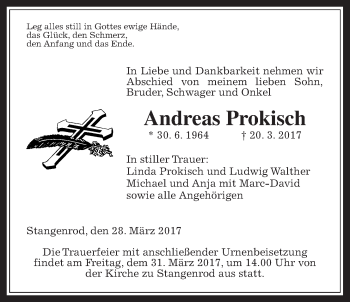 Traueranzeige von Andreas Prokisch von Giessener Allgemeine, Alsfelder Allgemeine