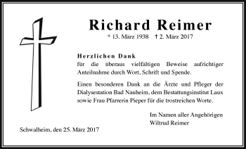 Traueranzeige von Richard Reimer von Wetterauer Zeitung, Wetterauer Zeitung