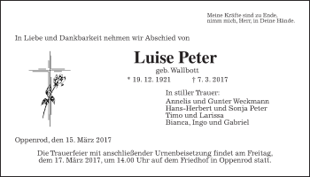 Traueranzeige von Luise Peter von Giessener Allgemeine, Alsfelder Allgemeine