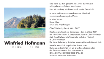 Traueranzeige von Winfried Hofmann von Wetterauer Zeitung, Wetterauer Zeitung