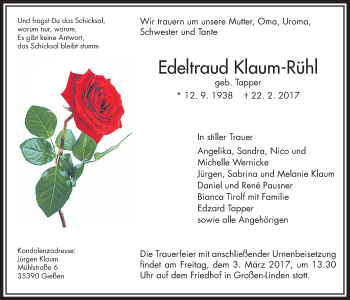 Traueranzeige von Edeltraud Klaum-Rühl von Giessener Allgemeine, Alsfelder Allgemeine
