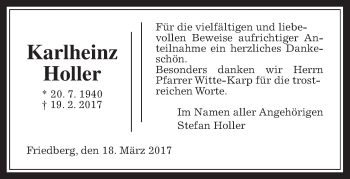 Traueranzeige von Karlheinz Holler von Wetterauer Zeitung, Wetterauer Zeitung