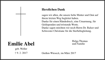 Traueranzeige von Emilie Abel von Giessener Allgemeine, Alsfelder Allgemeine