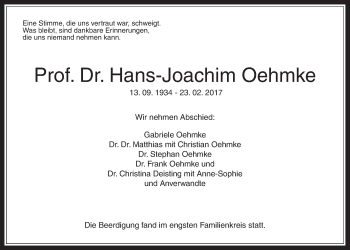 Traueranzeige von Hans-Joachim Oehmke von Giessener Allgemeine, Alsfelder Allgemeine