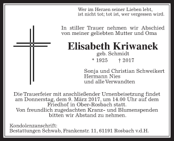 Traueranzeige von Elisabeth Kriwanek von Wetterauer Zeitung, Wetterauer Zeitung