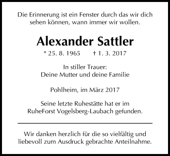 Traueranzeige von Alexander Sattler von Giessener Allgemeine, Alsfelder Allgemeine