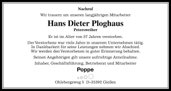 Traueranzeige von Hans Dieter Ploghaus von Giessener Allgemeine, Alsfelder Allgemeine