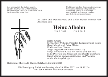 Traueranzeige von Heinz Albohn von Giessener Allgemeine, Alsfelder Allgemeine