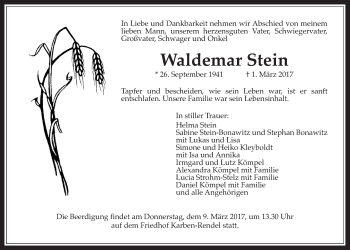 Traueranzeige von Waldemar Stein von Wetterauer Zeitung, Wetterauer Zeitung