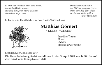 Traueranzeige von Matthias Görnert von Licher Wochenblatt, Licher Wochenblatt, Licher Wochenblatt