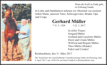 Traueranzeige von Gerhard Müller von Giessener Allgemeine, Alsfelder Allgemeine