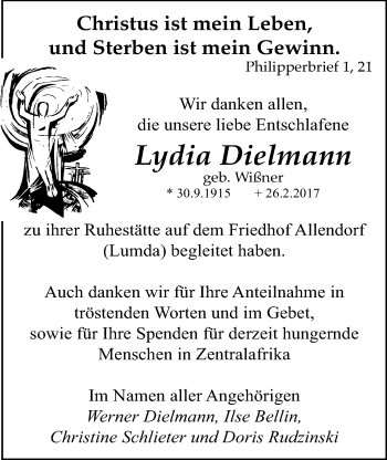 Traueranzeige von Lydia Dielmann von Allendorfer Mitteilungen