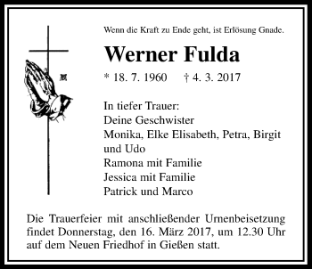 Traueranzeige von Werner Fulda von Giessener Allgemeine, Alsfelder Allgemeine