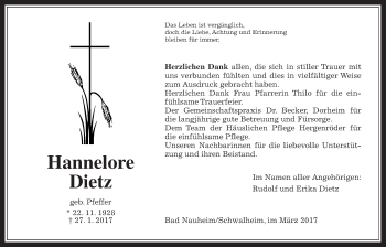 Traueranzeige von Hannelore Dietz von Wetterauer Zeitung, Wetterauer Zeitung