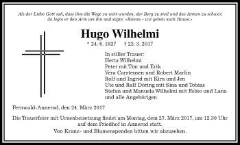 Traueranzeige von Hugo Wilhelmi von Giessener Allgemeine, Alsfelder Allgemeine