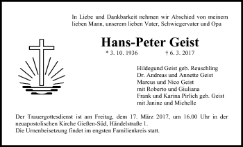 Traueranzeige von Hans-Peter Geist von Giessener Allgemeine, Alsfelder Allgemeine