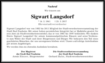 Traueranzeige von Sigwart Langsdorf 