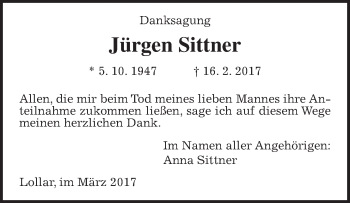 Traueranzeige von Jürgen Sittner von Giessener Allgemeine, Alsfelder Allgemeine