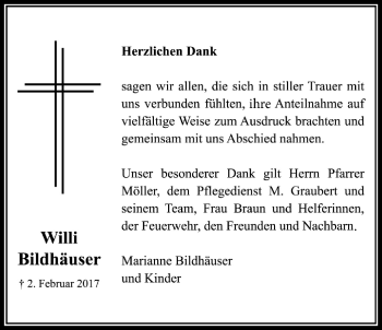 Traueranzeige von Willi Bildhäuser von Licher Wochenblatt, Licher Wochenblatt, Licher Wochenblatt