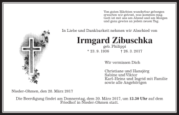 Traueranzeige von Irmgard Zibuschka von Alsfelder Allgemeine