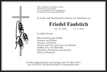 Traueranzeige von Friedel Faulstich von Wetterauer Zeitung, Wetterauer Zeitung