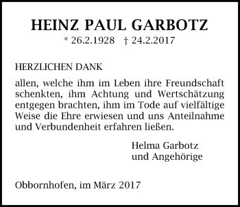 Traueranzeige von Heinz Paul Garbotz von Licher Wochenblatt, Licher Wochenblatt, Licher Wochenblatt