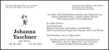 Traueranzeige von Johanna Taschner von Wetterauer Zeitung, Wetterauer Zeitung