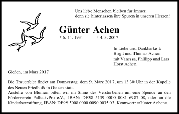 Traueranzeige von Günter Achen von Giessener Allgemeine, Alsfelder Allgemeine