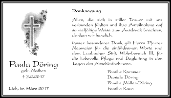 Traueranzeige von Paula Döring von Licher Wochenblatt, Licher Wochenblatt, Licher Wochenblatt
