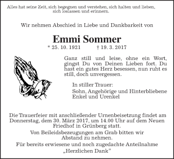 Traueranzeige von Emmi Sommer von Giessener Allgemeine, Alsfelder Allgemeine