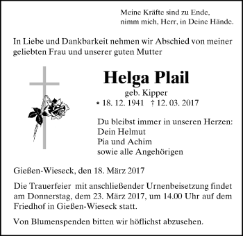Traueranzeige von Helga Plail von Giessener Allgemeine, Alsfelder Allgemeine
