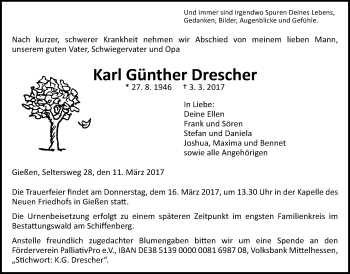 Traueranzeige von Karl Günther Drescher von Giessener Allgemeine, Alsfelder Allgemeine