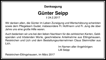 Traueranzeige von Günter Seipp von Licher Wochenblatt, Licher Wochenblatt, Licher Wochenblatt