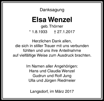 Traueranzeige von Elsa Wenzel von Licher Wochenblatt, Licher Wochenblatt, Licher Wochenblatt