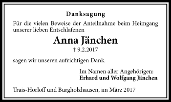 Traueranzeige von Anna Jänchen von Licher Wochenblatt, Licher Wochenblatt, Licher Wochenblatt