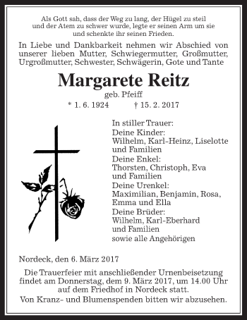 Traueranzeige von Margarete Reitz von Giessener Allgemeine, Alsfelder Allgemeine