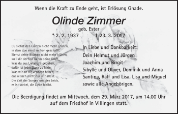 Traueranzeige von Olinde Zimmer von Giessener Allgemeine, Alsfelder Allgemeine
