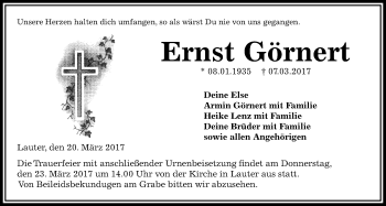 Traueranzeige von Ernst Görnert von Giessener Allgemeine, Alsfelder Allgemeine