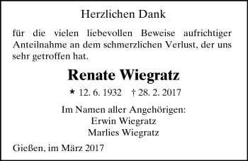 Traueranzeige von Renate Wiegratz von Giessener Allgemeine, Alsfelder Allgemeine