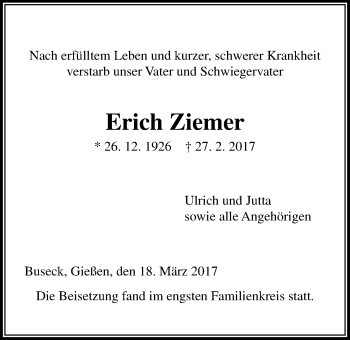 Traueranzeige von Erich Ziemer von Giessener Allgemeine, Alsfelder Allgemeine