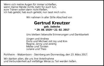 Traueranzeige von Gertrud Kreutzer von Pohlheimer Nachrichten