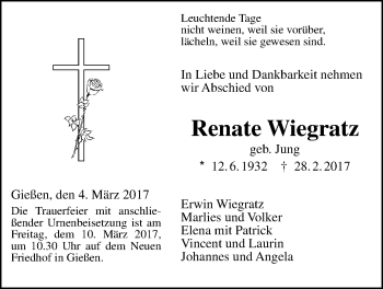 Traueranzeige von Renate Wiegratz von Giessener Allgemeine, Alsfelder Allgemeine