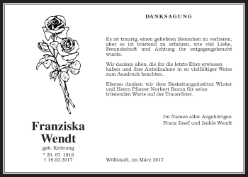 Traueranzeige von Franziska Wendt von Wetterauer Zeitung, Wetterauer Zeitung