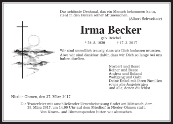 Traueranzeige von Irma Becker von Alsfelder Allgemeine