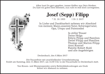 Traueranzeige von Josef Filipp von Alsfelder Allgemeine