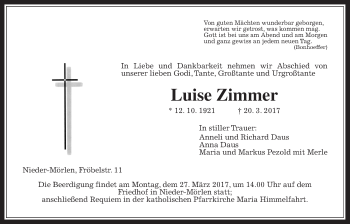 Traueranzeige von Luise Zimmer von Wetterauer Zeitung, Wetterauer Zeitung