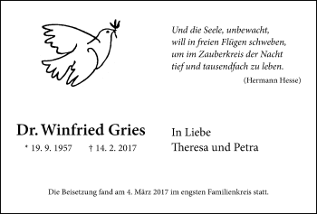 Traueranzeige von Winfried Griies von Giessener Allgemeine, Alsfelder Allgemeine