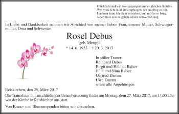Traueranzeige von Rosel Debus von Giessener Allgemeine, Alsfelder Allgemeine