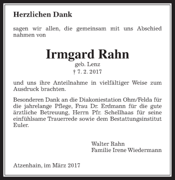 Traueranzeige von Irmgard Rahn von Giessener Allgemeine, Alsfelder Allgemeine