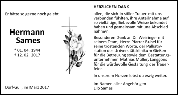 Traueranzeige von Hermann Sames von Giessener Allgemeine, Alsfelder Allgemeine